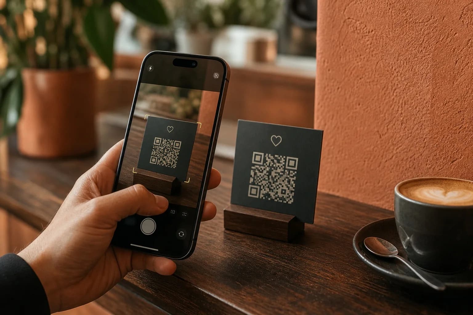 Cliente escaneando un código QR Teretad sobre el mostrador de un café