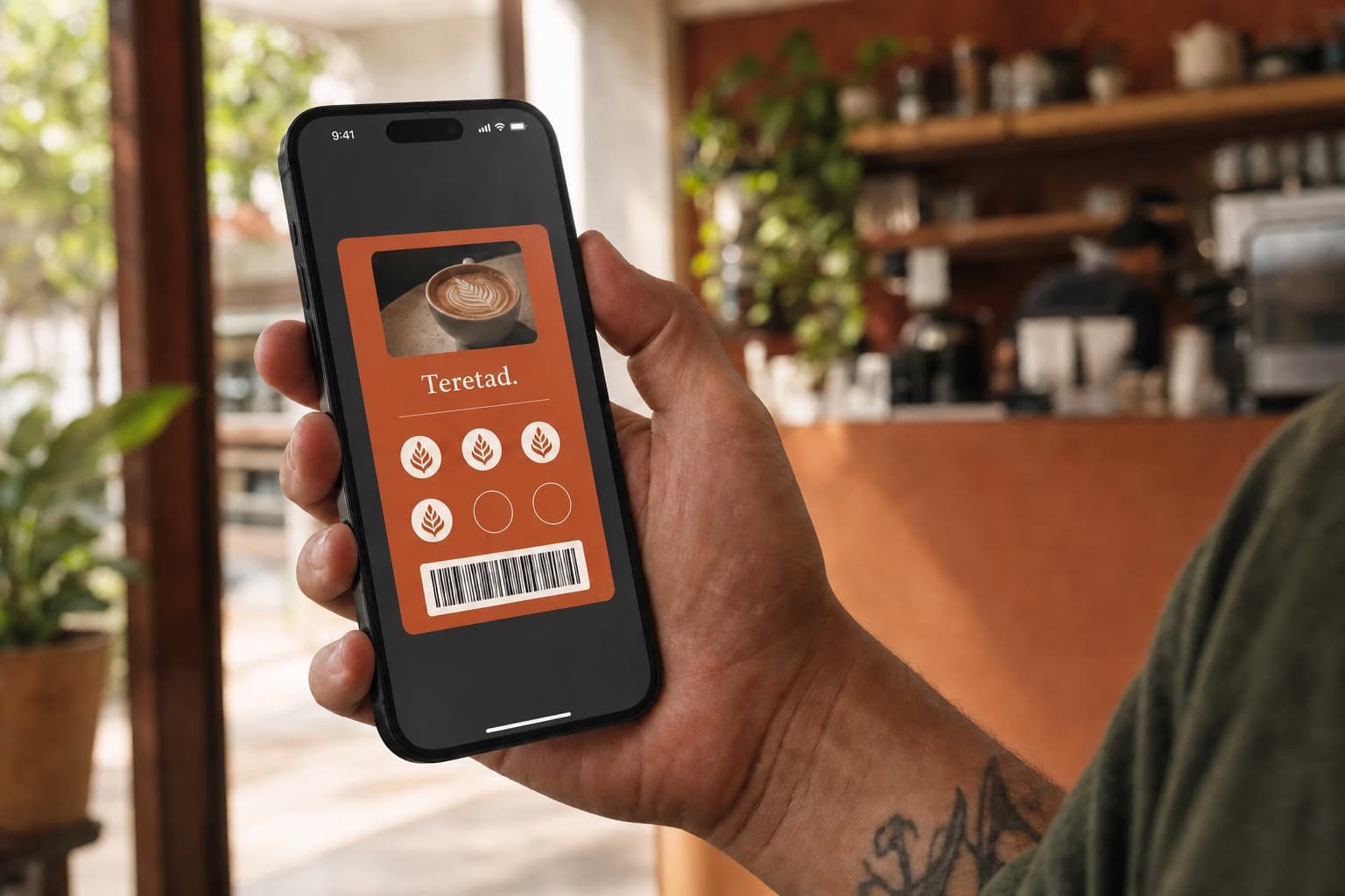 Comerciante mostrando una tarjeta de fidelidad Teretad en un teléfono